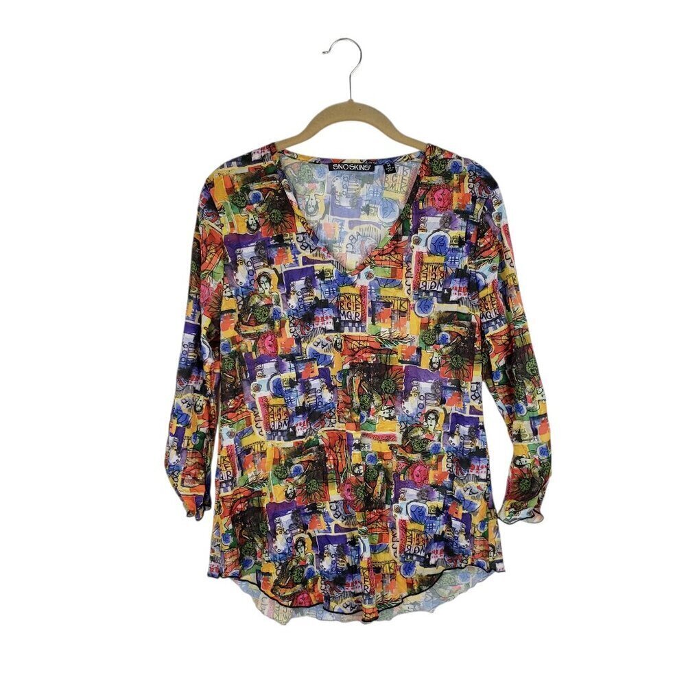 Sno Skins Rainbow Graffiti Art Print Lightweight Mesh 3/4 Sleeve Top Womens M